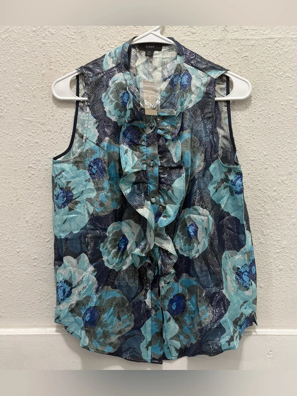 J. Crew Blue Floral Ruffle Front Tank Top NWT XS